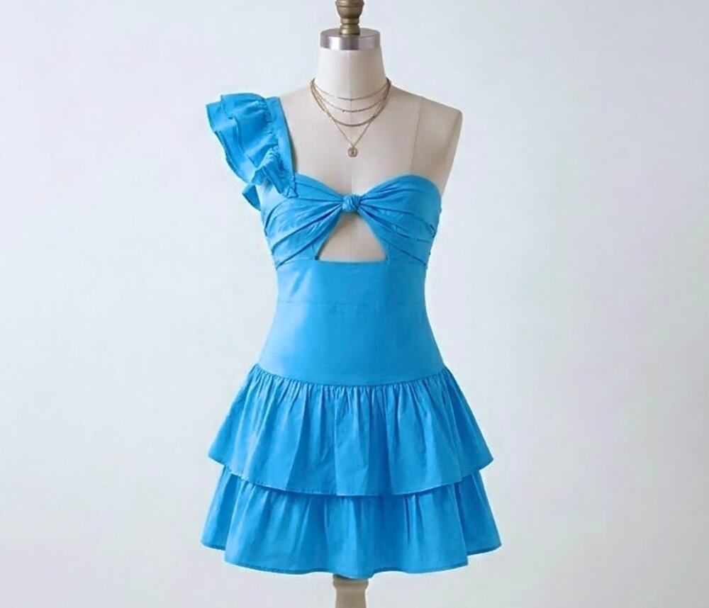 Hello Molly Blue Ruffled Cutout Tiered Mini Dress Sz 6 Euro Summer Soft Girl